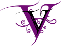 Logo to Victoria Pearson's site - A purple and black V entwined with vines of the same colours. Clicking this leads to the site donation button on paypal.